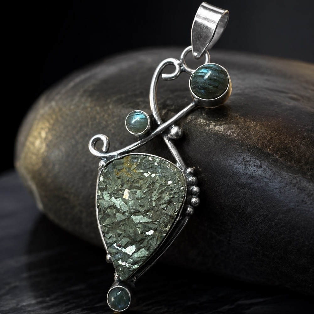 Artisan Silver Pyrite “FOOLS GOLD” & Labradorite Pendant - Handcrafted Modern